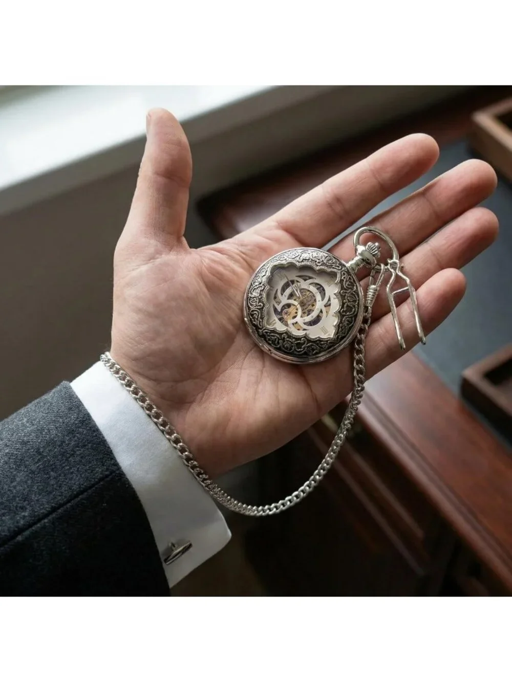 Vintage Silver Skeleton Mechanical Pocket Watch with Chain - Double-Open Case
